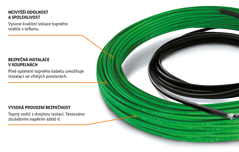 Konstrukce topného kabelu termoKABEL – nejvyšší spolehlivost a odolnost, bezpečná instalace v koupelnách, vysoká provozní bezpečnost